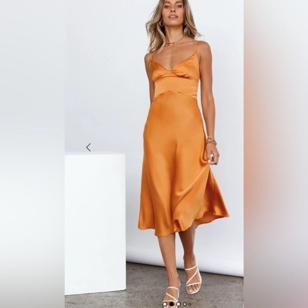 Satin Slip Midi Dress in Burnt Orange